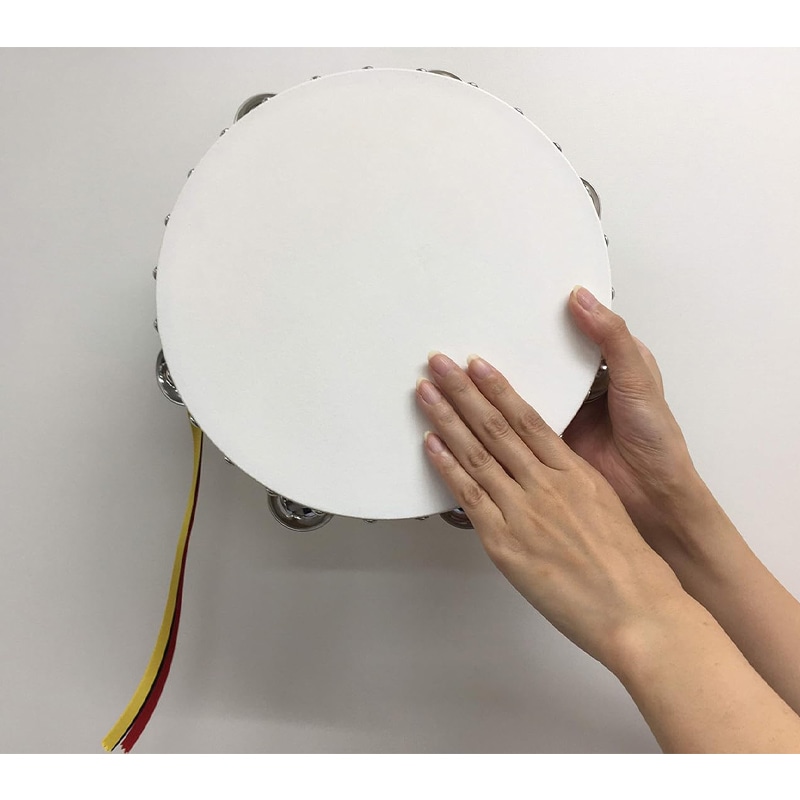 ヤマヨ タンブリン / 24cm / クリア ( 木目・白枠 ) / 7穴 牛床皮 3色リボン付 タンバリン
