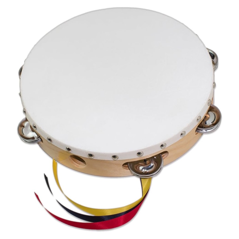 ヤマヨ タンブリン / 24cm / クリア ( 木目・白枠 ) / 7穴 牛床皮 3色リボン付 タンバリン