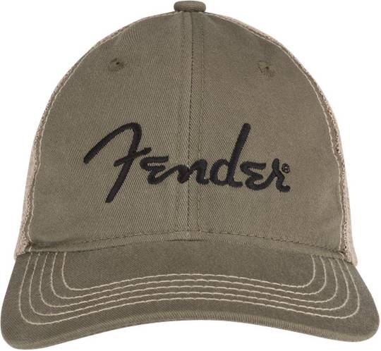 FENDER Embroidered Logo Soft Mesh Snapback Hat, Olive/Khaki フェンダー