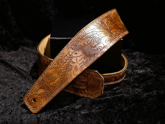moody 2.5 Inch BACKED WESTERN Guitar Strap - BROWN/CREAM Leather Standard Tail