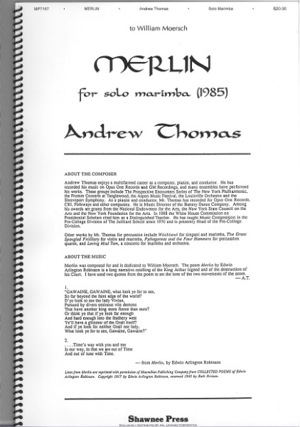 【特価楽譜】マリンバソロ楽譜 MERLIN for solo marimba (1985) / Andrew Thomas